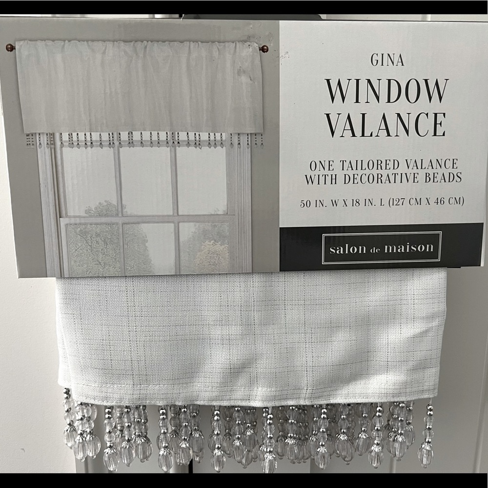 Salon de Maison Gina tailored Window Valence faux beads 50”x18” white w/ silver